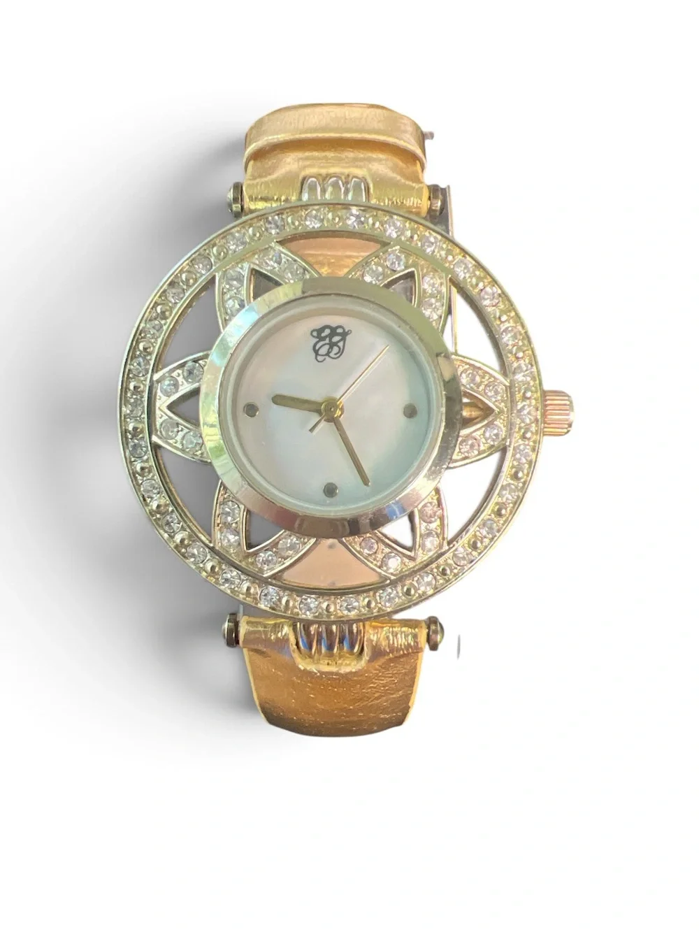 Gold Tone Rhinestone Sunburst Watch Metallic Faux Leather Band Women’s Fashion